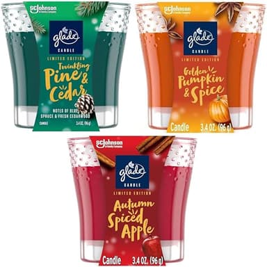 Glade Holiday Christmas Scented Candles, 3 Assorted Seasonal Air Freshener Candle Jars; Autumn Spiced Apple, Twinkling Pine & Cedar, and Golden Pumpkin & Spice, 3.4 Oz, 362892