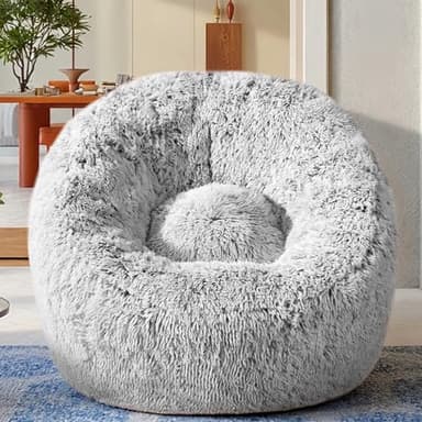 Plush Faux Fur Bean Bag Chairs, Memory Foam Filled Sofa Chair Shape Bean Bag for Adults/Teens/Kids, Ultra-Soft Lazy Sofa for Living Room Bedroom College Dorm, Grey