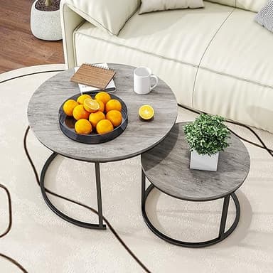 HOJINLINERO Round Coffee Table,Nesting Coffee Table Set of 2,Center Tables for Living Room,Office, Home Small Space,Stacking Side Tables,Sturdy and Easy Assembly,Wood Desktop,Black+Warm Grey,Large