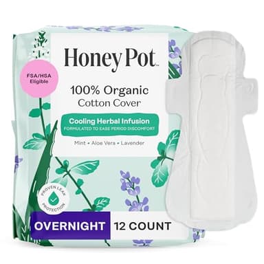 The Honey Pot Company - Herbal Pads for Women - Overnight w/Wings - Infused w/Essential Oils for Cooling Effect & Organic Cotton Cover - Feminine Care - 12 ct