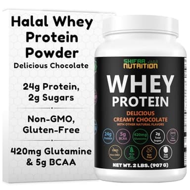 SHIFAA NUTRITION 2 Lbs Halal Whey Protein Powder Creamy Chocolate. 24g Protein, 5g BCAAs & 420mg Glutamine. for Building Lean Muscles & Recovery. Sugar-Free, Keto-Friendly, Gluten-Free, Non-GMO