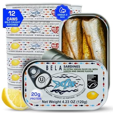 BELA Wild Caught Portuguese Sardines - Lightly Smoked and Marinated in Organic Lemon Flavored Extra Virgin Olive Oil | 4.25 Oz (Pack of 12) | All Natural, High Protein, Hand Selected, Sea Salted, & Omega 3 Rich