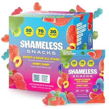 Shameless Snacks Sweet & Sour All-Stars, Sour Gummy Candy Variety Pack, Healthy, Vegan, Gluten-Free, Low Sugar, Fruit Snacks, Red Raspberry, Watermelon, Peach, Green Apple, Blue Raspberry, 6 Pack