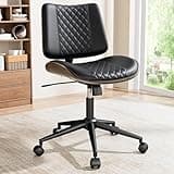 REONEY Home Armless Office Chair with Wheels, Modern Walnut Armless Desk Chair, Adjustable Swivel Rolling Task Chair with Curved Back for Small Space, Reading, Meeting Room, Black