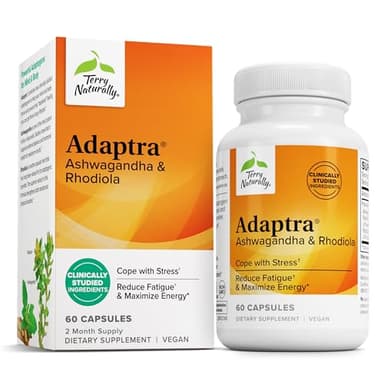 Terry Naturally Adaptra - Supplement to Support Adrenal Health - Ashwagandha Supplement with Rhodiola Rosea Extract - Herbal Supplement to Support Energy & Concentration - 60 Capsules
