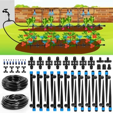 Bonviee Drip Irrigation System, 230FT Garden Watering System with Quick-to-Connect Fittings, Adjustable Drip Emitters, 1/4” & 5/16” Tubing, Drip Irrigation Kit for Raised Garden Beds, Greenhouse, Lawn
