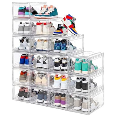 12 Pack Acrylic Clear Shoe Boxes– Ultra Clear Plastic Stackable Sneaker Storage For Sneakerhead. Professional Grade Shoe Display Case with Magnetic Door .Boots and Hat Organizer.Fits US Size 15