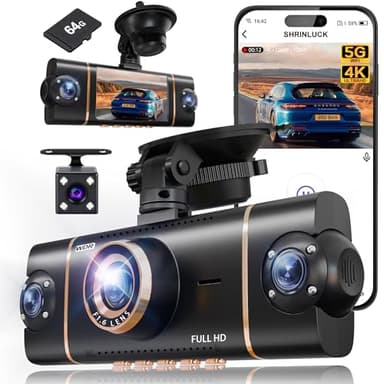 4 Channel 360° Dash Cam Front Rear Inside & Left Right,4K+1080P*3 FHD Car Camera,5GHz WiFi & App Control,8 IR Lamps Night Vision,24H Parking Mode,G-Sensor,Loop Recording,Includes 64GB SD Card（Black）