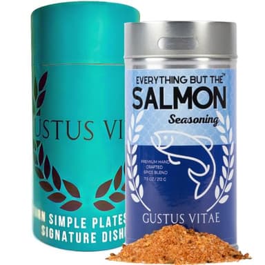 Everything But The Salmon Seasoning | Gourmet Seasoning | Artisanal Spice Blend | All Natural | Non GMO | Hand Crafted | GLP-1 Friendly | Made In USA | 7.5 oz | Small Batch | Ultra Premium Seafood Spice Mix | Made in USA | Gustus Vitae | Arrives Securely in Gift Tube