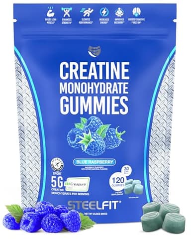 SteelFit Creapure Creatine Monohydrate Gummies for Men & Women, Blue Raspberry - Gym Workout Nutritional Supplements for Muscle Gain, Brain Health & Strength Building Dietary Supplement, 120 Gummies