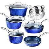 Granitestone Pots and Pans Set with Hammered Design, 10 Piece Complete Nonstick Kitchen Cookware Set, Dishwasher Safe Pots & Pan Set with Induction Cookware & Stay Cool Handles, 100% PFOA Free (Blue)