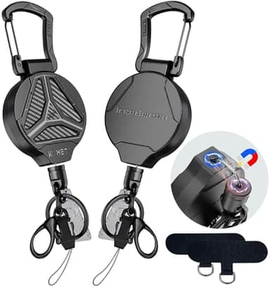 KAHETA 2 Pack Retractable Keychain Heavy Duty Carabiner Badge Holder Clip with Magnetic,Tactical Id Badge Reel with 32'' Steel Cord,Key Ring,Lobster Claw Clasp and Phone Tethers
