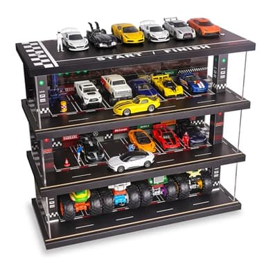 Display Case for Hot Wheels: Toy Car Garage with LED Lights, Freestanding Parking Garage Diorama for 1/64 Diecast Cars, 4-Level Storage Rack with 40 Spots – Cars Not Included