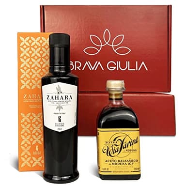 Brava Giulia Gift Box – Sicilian Cold Pressed Extra Virgin Olive Oil and Aged Balsamic Vinegar of Modena – Imported from Italy – 2 Bottle Set (8.45 fl oz Each)