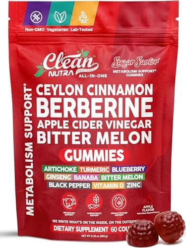 Sugar Savior Ceylon Cinnamon Berberine Gummies Apple Cider Vinegar Artichoke Turmeric Blueberry Ginseng Banaba Bitter Melon Black Pepper Vitamin D Zinc GLP1 Gummies 60 Count by Clean Nutra