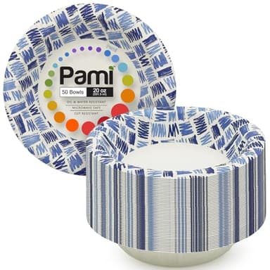 PAMI Blue Paper Bowls 20 Oz Heavy Duty for Soup, Pack of 50 Disposable Microwave Safe Bowls, Oil, Water and Cut Resistant Recyclable Dinnerware