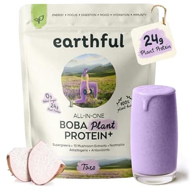 EARTHFUL Boba Plant Protein + Vegan Boba Tea Protein Powder with Supergreens, 10 Mushrooms, Adaptogens & Nootropics, No Added Sugar Meal Replacement, 20 Servings (20 Servings, Superior Taro)