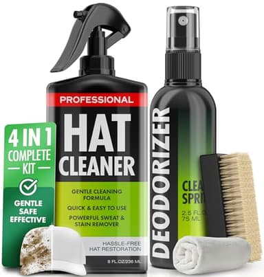 4-in-1 Professional Hat Cleaning Kit - Removes Dirt and Stains, Gentle Cleaner for Baseball Caps, Cowboy, and Felt Hats - Includes Hat Deodorizer, Brush, and Microfiber Cloth