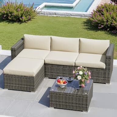 Green4ever 5-Piece Outdoor Patio Furniture Set, All-Weather Wicker Rattan Sectional Sofa with Cushions and Glass Coffee Table, Patio Conversation Set for Backyard, Porch, Garden, Balcony, Beige