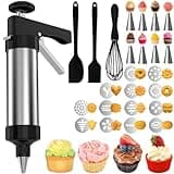 Cookie Press, Stainless Steel Cookie Cutter with Silicone Scraper, Brush, Whisk 3-Piece Set, Cookie Cutter Gun Kit with 13 Cookie Cutter Discs and 8 Nozzles, Cookie Gun, Cookie Cake Cookie Maker