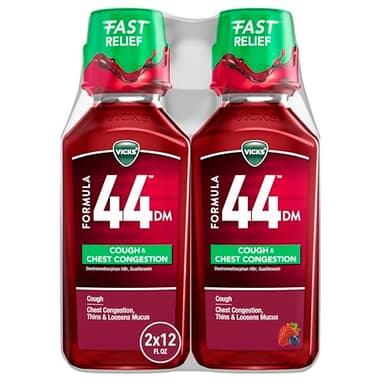 Vicks Formula 44 DM Cough & Congestion Liquid, Over-The-Counter Medicine, Day or Night, Cough Syrup, Powerful Cough and Congestion Relief, Cough Suppressant and Expectorant, Berry Flavor, 2x12 FL OZ