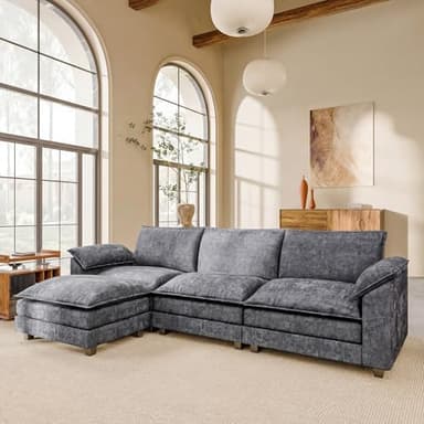 118.9" Modular Sectional Cloud Couch 3-Seat Sofa Set with Movable Ottoman, L Shaped Sofa Couch with Deep Seat, Chenille Couches for Living Room (Light Grey-4, L Shaped Sofa)