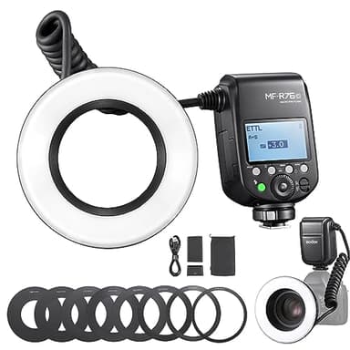 GODOX Macro Ring Flash for Canon MF-R76C TTL/M Mode CCT 5900K 76Ws 2.4G Wireless Control 550 Full-Power Flashes 0.1-1s Recycle Time Dual-Flash Tubes with LCD Screen for Inscet Plant Jewelry Shooting