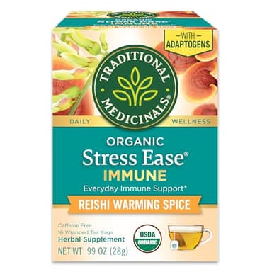 Traditional Medicinals Organic, Stress Ease Immune with Adaptogens, Reishi Warming Spice - Immune Support with Astragalus - Kosher, Non-GMO, Caffeine-Free, Compostable - 16 Tea Bags