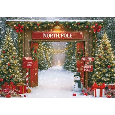 Fluzimir Christmas Photography Backdrop 7x5ft – Rustic Snowy Forest Barn Door with Xmas Tree, North Pole Winter Scene Fabric Photo Background for Family Party, Baby Holiday Photos