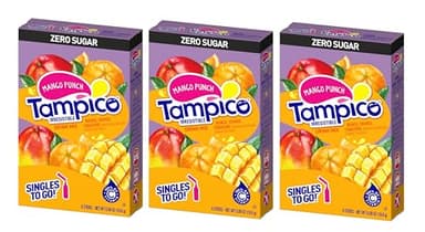 Tampico Singles To Go Drink Mix Packets, Mango Punch, 100% DV of Vitamin C per Serving, Low Calorie, Zero Sugar, Easy to Use, On-The-Go Water Enhancers, 18 Sticks, Pack of 3