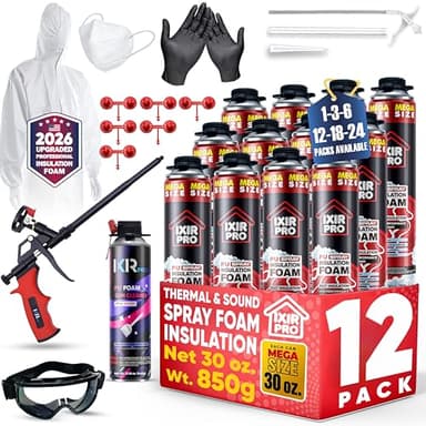 ixirpro Spray Foam Insulation Kit (12 PK Kit-30oz, 276 Board ft/sq.ft) Expanding Sealant, Spray Foam, Mega Size Closed Cell Heat Acoustic Insulation, High Density, Cleaner, Gun