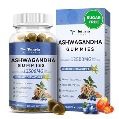 Totaria Sugar Free Ashwagandha Filled Gummies 2500mg w/Vitamin D3, Magnesium Glycinate, Rhodiola, Ultra Strength Ashwa Root Supplements for Women & Wen, for Relaxation, Energy, Blueberry Flavor
