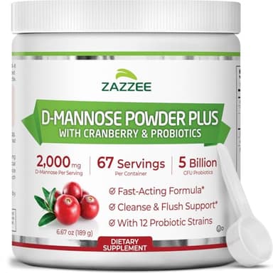 Zazzee D-Mannose Powder Plus, 2000 mg, 67 Servings, Plus 5 Billion CFU Probiotics and Pure Cranberry Juice Extract, Certified Kosher, Free Scoop, 6.67 oz, Urinary Tract Support, Non-GMO, All-Natural