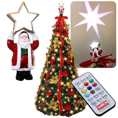 Superstar Santa Pop-Up Christmas Tree, 7FT, Pre-Lit w/ 200 LED Lights, AS SEEN ON TV, Santa Projects North Star, Opens Instantly, Fully Decorated, 7 Colors, 32 Modes w/Remote, Stores Flat