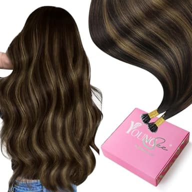 YoungSee 20in Nano Bead Hair Extensions Human Hair Brown Nano Ring Hair Extensions Balayage Dark Brown Mix Medium Browns Nano-Tip Hair Extension Real Human Hair for Wedding 50 Strands 50g