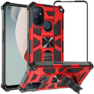 Ailiber Compatible with OnePlus Nord N100 Case with Screen Protector, for Magnetic Car Mount, Kickstand Holder, Shockproof Bumper Heavy Duty Armor Protective Phone Cover for 1+Nord N100-Red