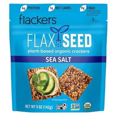 Flackers Organic Sea Salt Flaxseed Crackers, 5 Ounce 1-Pack, Gluten Free, Non GMO, Vegan, Keto Snack, 9g Fiber, 1g Net Carb
