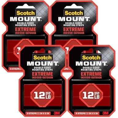 Scotch-Mount Extreme Double-Sided Mounting Strips, 32 Strips Total (4 Packs of 8), 1 in x 3 in, Heavy Duty, Indoor/Outdoor, Black (414H-ST)
