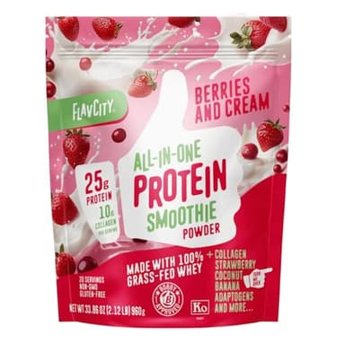 FlavCity Strawberry Protein Powder, Berries and Cream, All in One Smoothie + Collagen Peptides, Reishi & Cordyceps - Focus, Skin, Hair & Joint Support - 100% Grass Fed Whey Protein Shake, 20 Servings