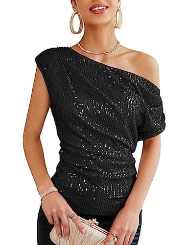 GRACE KARIN One Shoulder Sequin Sparkly Tops for Women Ruched Asymmetrical Glitter Tops Slimming Sparkle Party Shirts Black