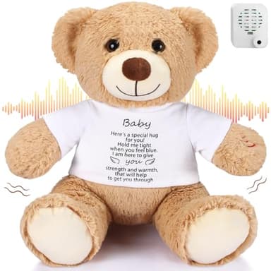 Halloscume 12 Inch Bear Stuffed Animal with Voice Recorder Soft Plush Bear White Clothes Hug Sign with Zipper Memorial Voice Recording Gifts for Boy Girl Birthday Baby Shower Decoration