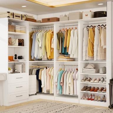 Sokiche Closet Organizer System of 4 Sets with 3 Drawers, 9 Hanging Rods & 8 Shelves, 157" Walk in Closet System, Corner Closet Organizer, Modular Standalone Closet, White