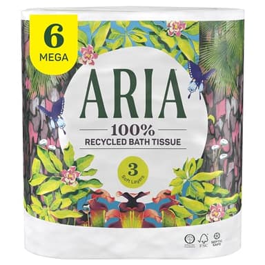 Aria 100% Recycled Toilet Paper, 6 Rolls, 3-Ply Soft Bath Tissue, Paper Packaging