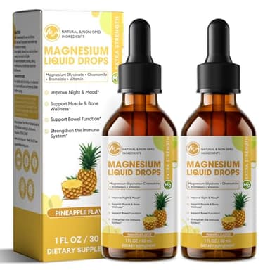 M inch Magnesium Glycinate Liquid, High Absorption Magnesium Liquid Drops with Chamomile, Hawthorn, Ginger Extract & Vitamin B6, B9, B12, C, D3, Magnesium Supplement, Pineapple Flavor, 2 Pack