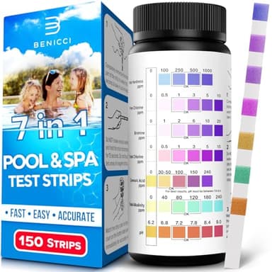 7-in-1 Accurate Pool Test Strips - 150 Hot Tub Spa Test Strips - Quick Pool Water Testing Kit - Bromine, pH, Hardness, Alkalinity, Chlorine & Cyanuric Acid - Perfect for Any Pools, Spa, Hot tubs