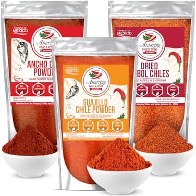 Chile Powder Variety Pack (12 oz Total) – Ancho, Guajillo & Arbol for Authentic Mexican Flavor Pure Ground Dried Chiles for Moles, Salsas, Sauces, Stews, Rubs, Tamales by Amazing Chiles & Spices