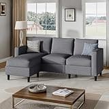 Shintenchi Small Sectional Couch with Ottoman, 3 Seat L Shaped Sofa, Fabric Upholstered Convertible Sofa Couches, Small Couch for Apartments, Living Room and Office(Dark Grey)