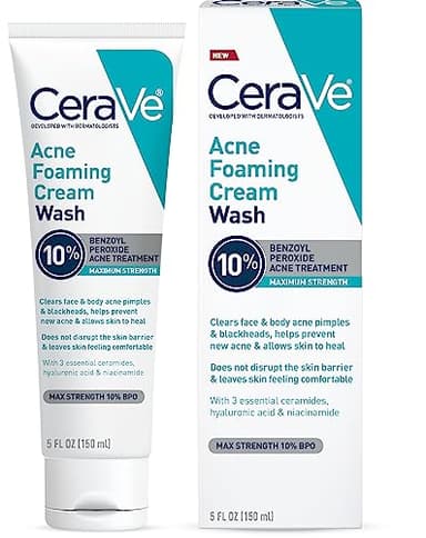 CeraVe Acne Foaming Cream Wash, Gentle Face and Body Cleanser with Benzoyl Peroxide 10%, Hyaluronic Acid, and Niacinamide, 10% Benzoyl Peroxide Treatment Clears Pimples and Blackheads 5 Oz
