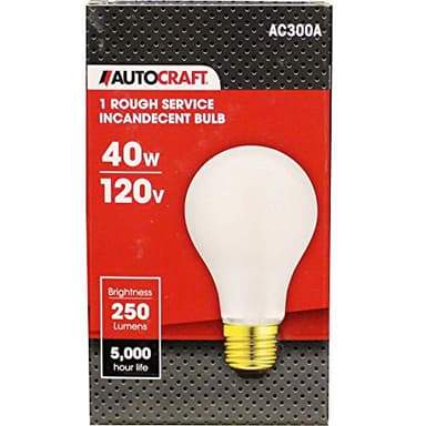AutoCraft Silicone Coated Vibration Resistant Rough Service Shop Light Bulb, 40 Watts, 120 VAC, 250 Lumens, 5,000 Hour Life, Brass-Type Base, 1 Bulb Package