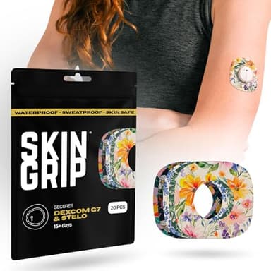 Skin Grip Adhesive Patches for Dexcom G7 & Stelo CGM with Cutout – Waterproof & Sweatproof Cover for Continuous Glucose Monitor Sensor, Stays Secure for 10-15 Days – 10 Patches, Floral